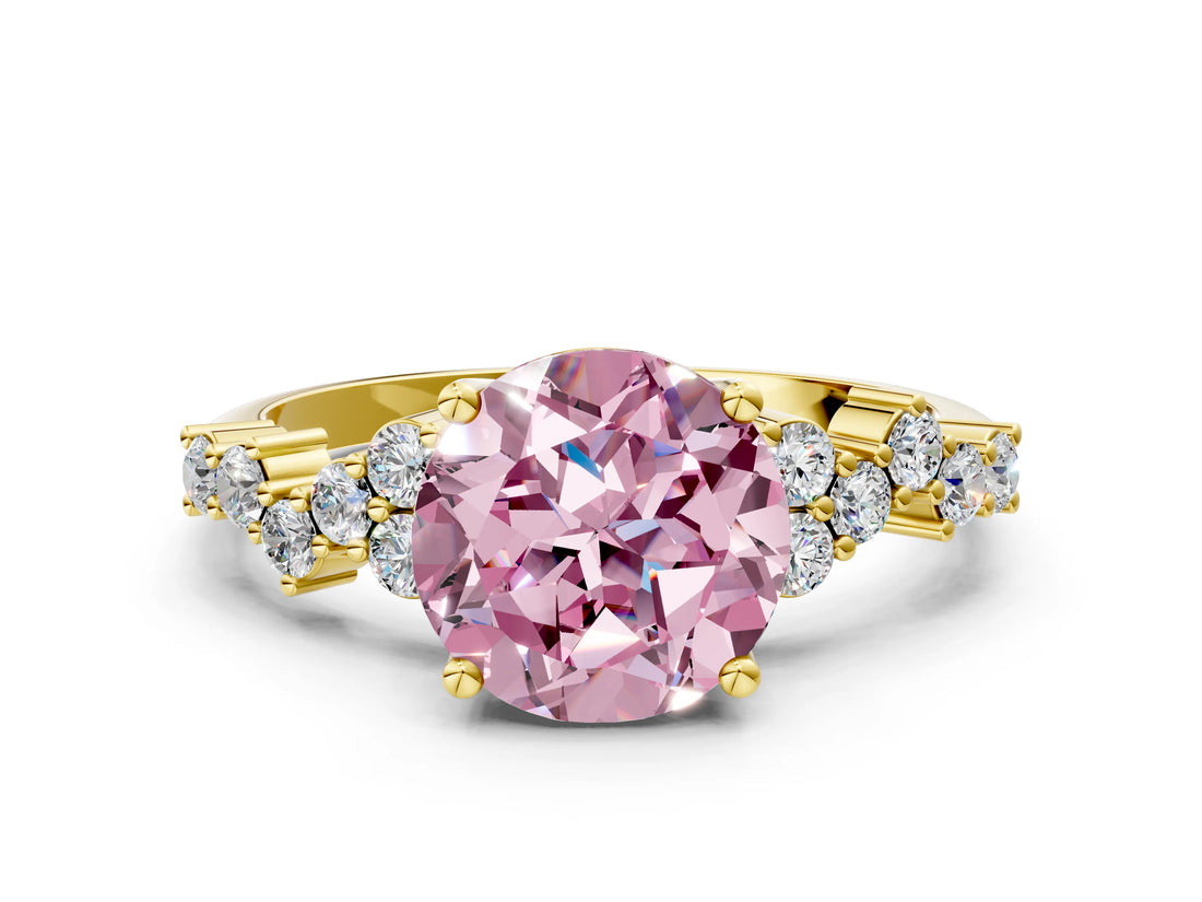 Yellow gold Fancy Pink Round Cut Diamond Cluster Pavé Band with Four-Prong Setting_12