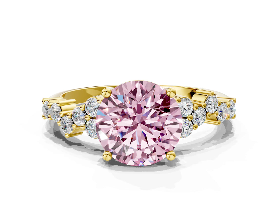 Yellow gold Fancy Pink Round Cut Diamond Cluster Pavé Band with Four-Prong Setting_3
