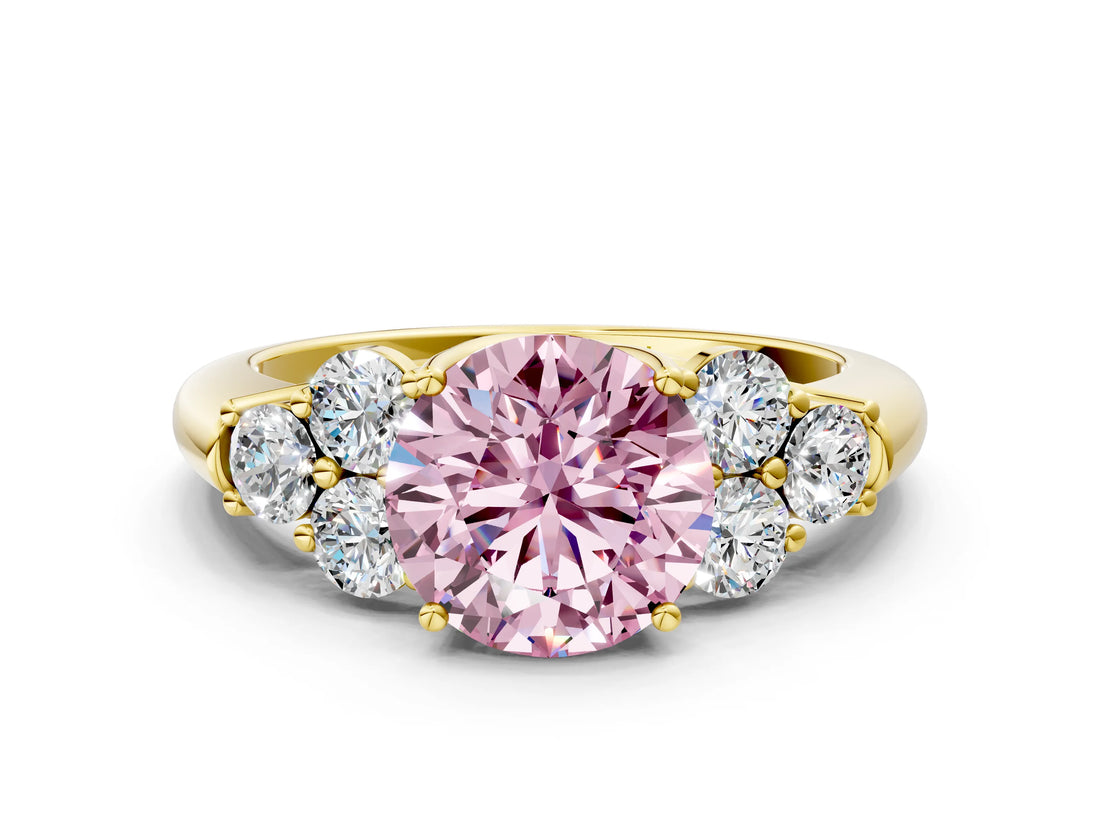 Yellow gold Fancy Pink Round  Cut Diamond Cluster Ring with Round Accent Stones and Prong Setting on a Classic Band_29