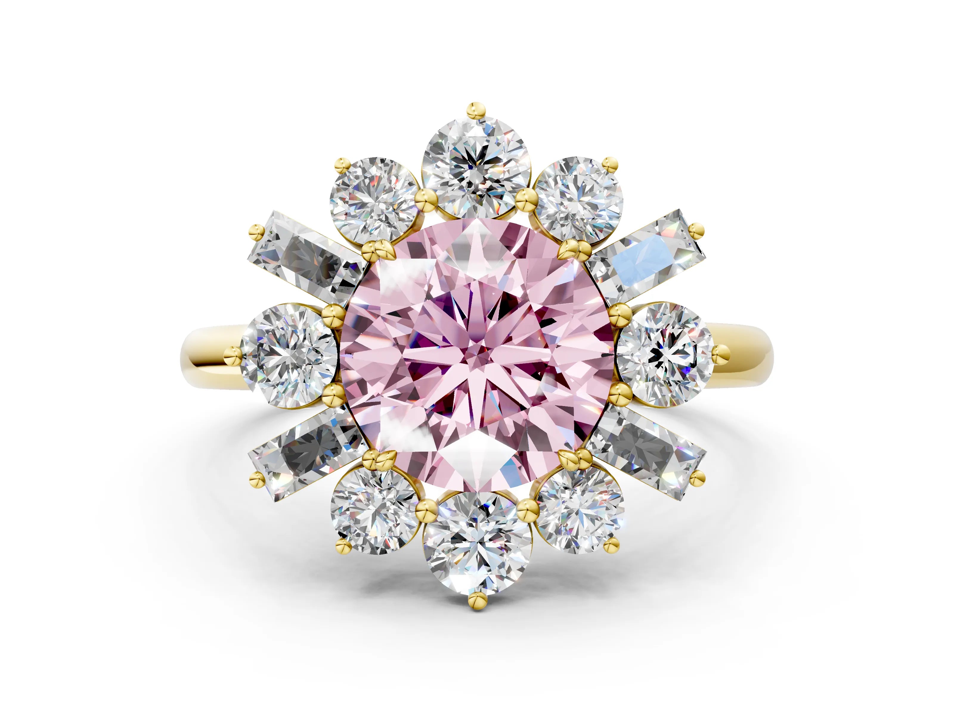 Yellow gold Fancy Pink Round Cut Diamond Cluster Ring with Round and Baguette Stones, Split Shank Band, Prong Setting