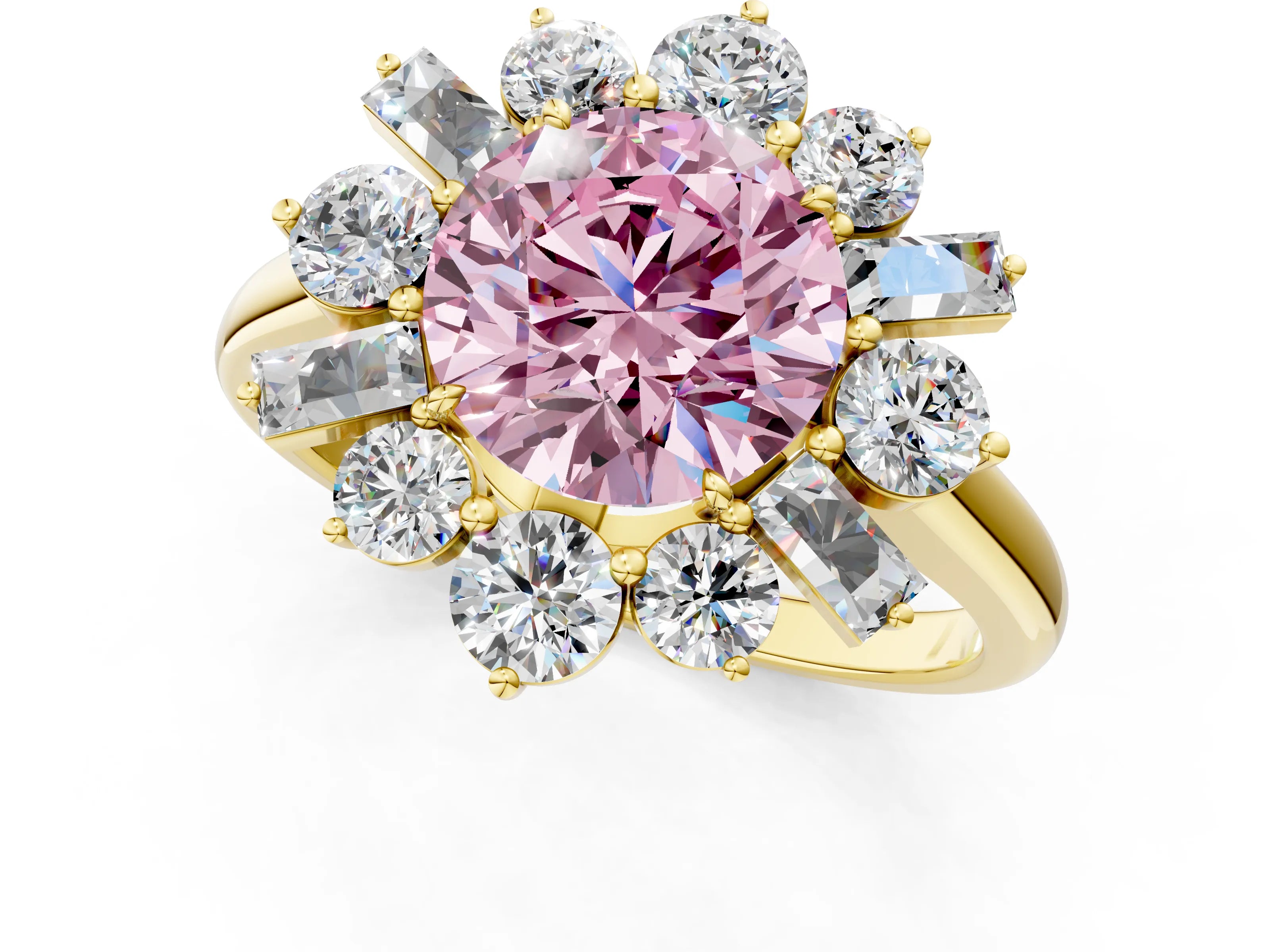 Yellow gold Fancy Pink Round Cut Diamond Cluster Ring with Round and Baguette Stones, Split Shank Band, Prong Setting_1