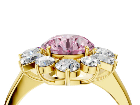 Yellow gold Fancy Pink Round Cut Diamond Cluster Ring with Round and Baguette Stones, Split Shank Band, Prong Setting_4