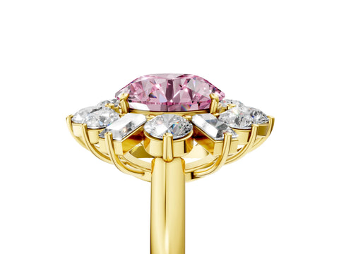 Yellow gold Fancy Pink Round Cut Diamond Cluster Ring with Round and Baguette Stones, Split Shank Band, Prong Setting_5