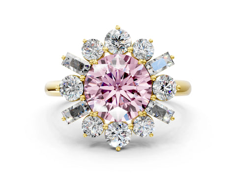 Yellow gold Fancy Pink Round Cut Diamond Cluster Ring with Round and Baguette Stones, Split Shank Band, Prong Setting
