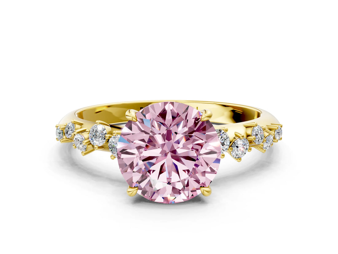 Yellow gold Fancy Pink Round Cut Diamond Cluster Side Stone Solitaire Ring with Prong Setting_29