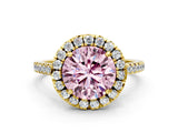 Yellow gold Fancy Pink Round Cut Diamond Cushion Halo Ring with Pavé Band