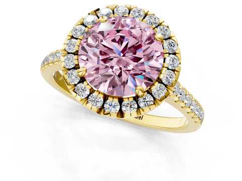 Yellow gold Fancy Pink Round Cut Diamond Cushion Halo Ring with Pavé Band_1