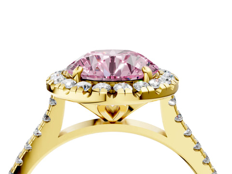 Yellow gold Fancy Pink Round Cut Diamond Cushion Halo Ring with Pavé Band_4