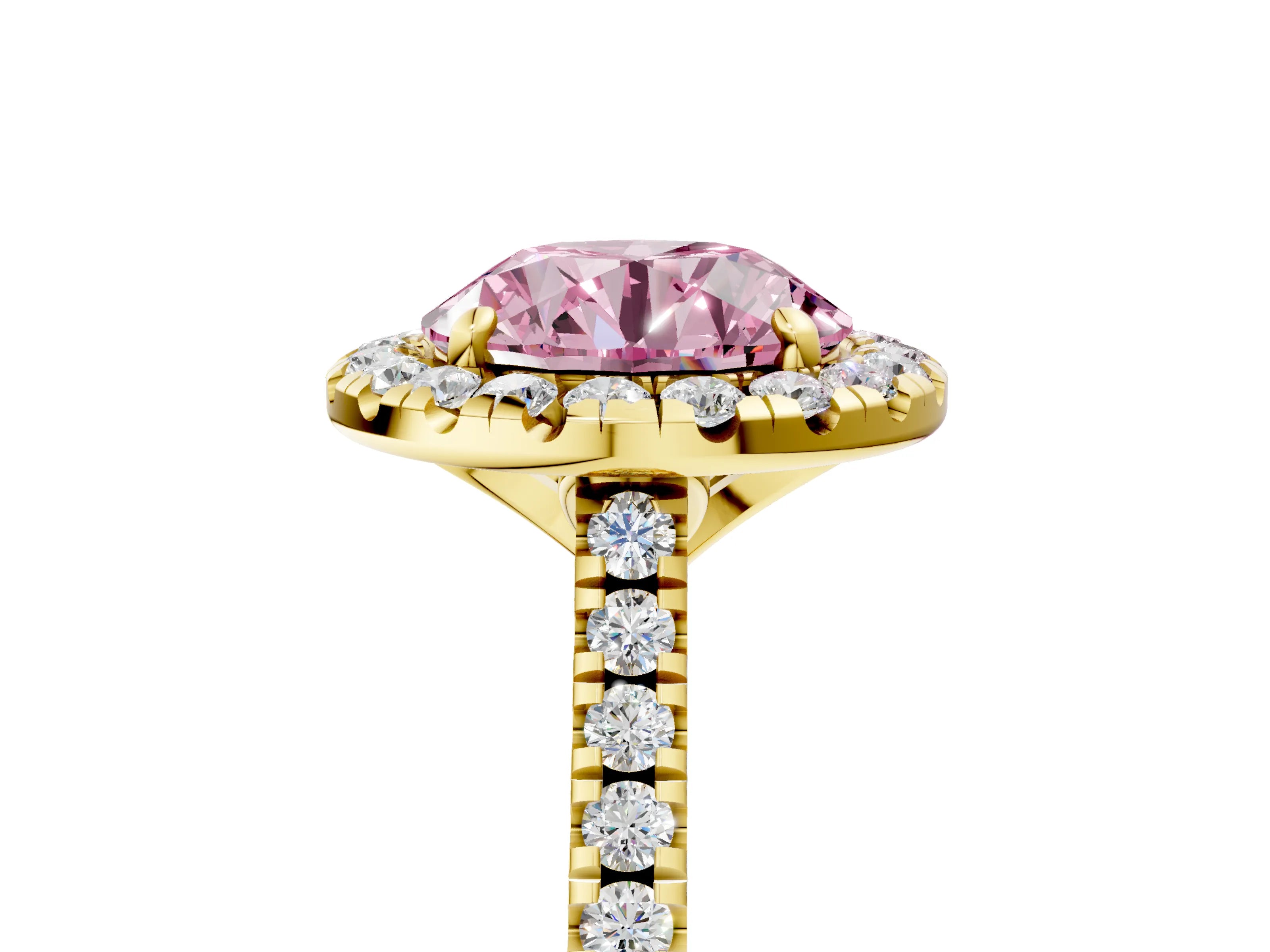 Yellow gold Fancy Pink Round Cut Diamond Cushion Halo Ring with Pavé Band_5