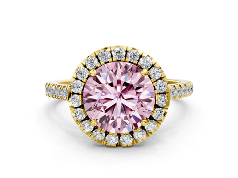 Yellow gold Fancy Pink Round Cut Diamond Cushion Halo Ring with Pavé Band