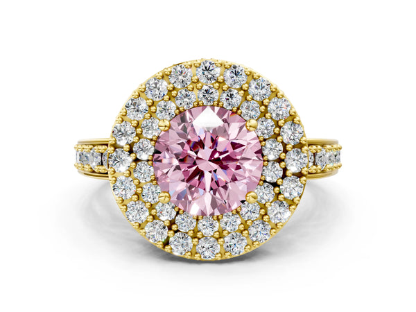 Yellow gold Fancy Pink Round Cut Diamond Double Halo Ring with Pavé Band and Four-Prong Setting
