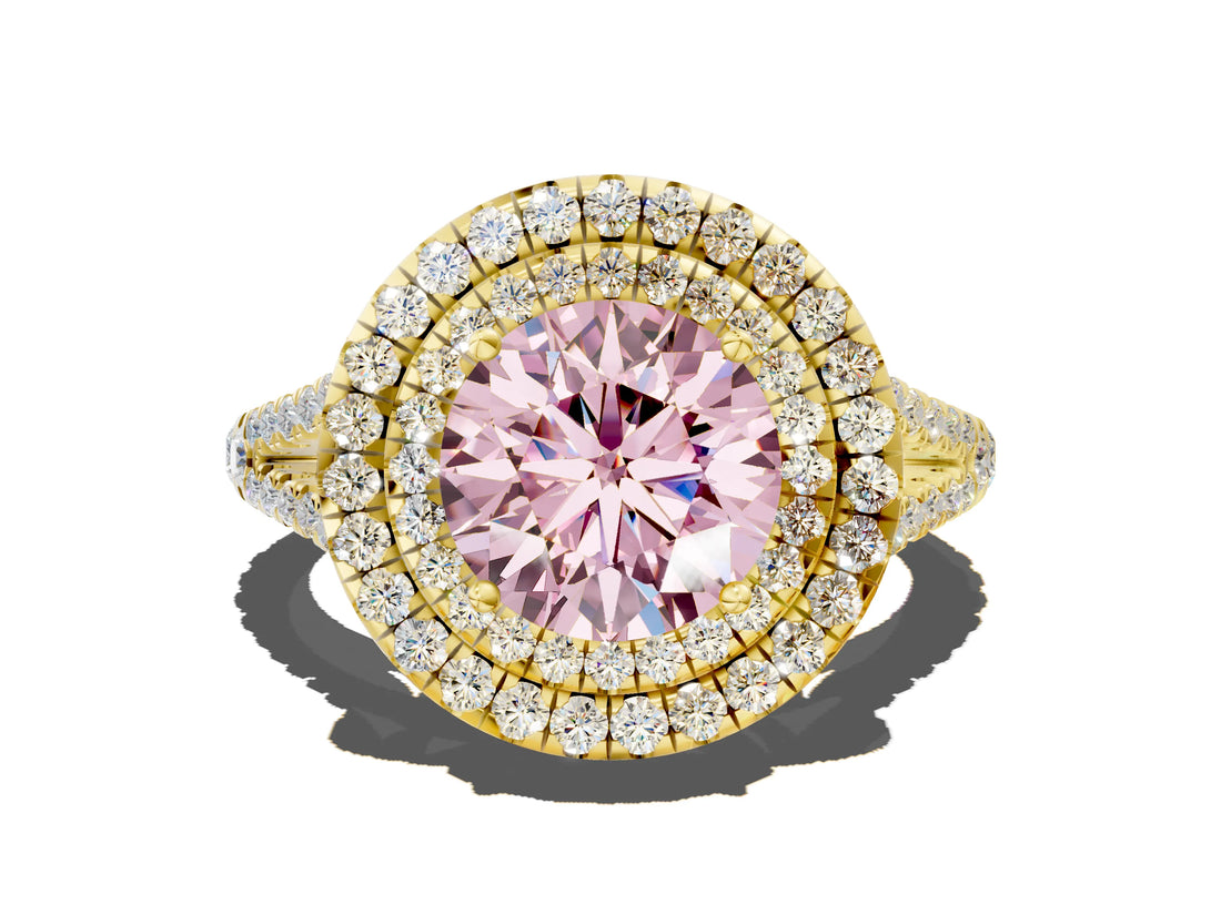 Yellow gold Fancy Pink Round Cut Diamond Double Halo Ring with Pavé Band and Prong Setting_17