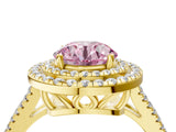 Yellow gold Fancy Pink Round Cut Diamond Double Halo Ring with Pavé Band and Prong Setting_21