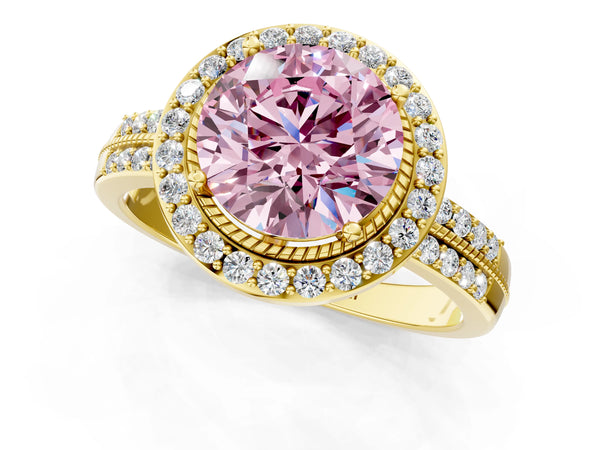Yellow gold Fancy Pink Round Cut Diamond Double Halo Ring with Split Shank and Four-Prong Setting