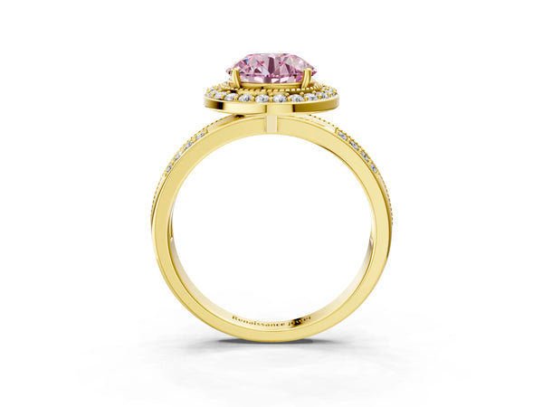 Yellow gold Fancy Pink Round Cut Diamond Double Halo Ring with Split Shank and Four-Prong Setting