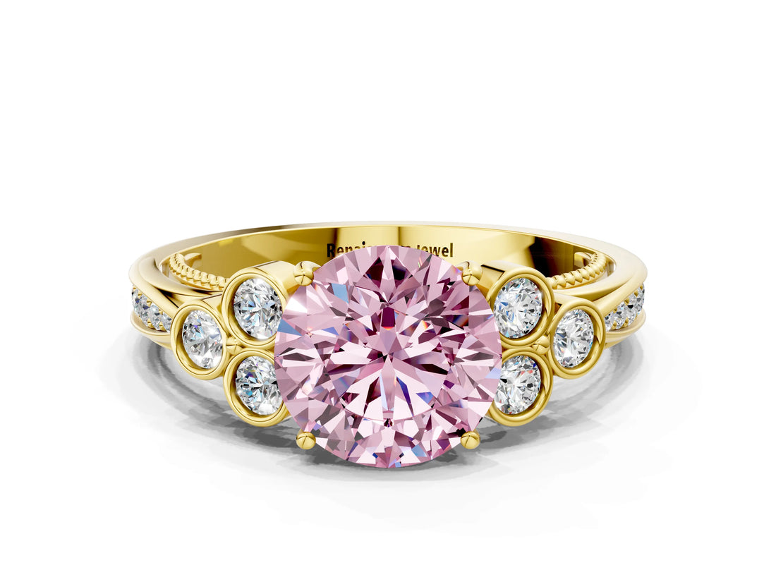 Yellow gold Fancy Pink Round  Cut Diamond Engagement Ring with Bezel Set Round Side Stones and Prong Setting_47