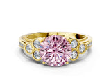Yellow gold Fancy Pink Round  Cut Diamond Engagement Ring with Bezel Set Round Side Stones and Prong Setting_47