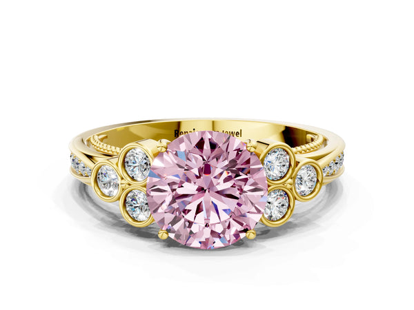 Yellow gold Fancy Pink Round  Cut Diamond Engagement Ring with Bezel Set Round Side Stones and Prong Setting