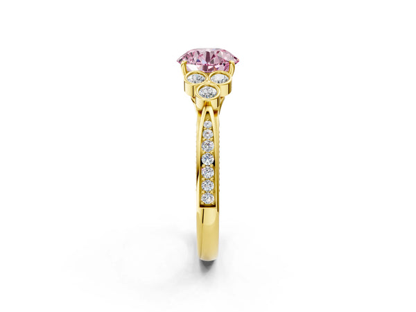Yellow gold Fancy Pink Round  Cut Diamond Engagement Ring with Bezel Set Round Side Stones and Prong Setting