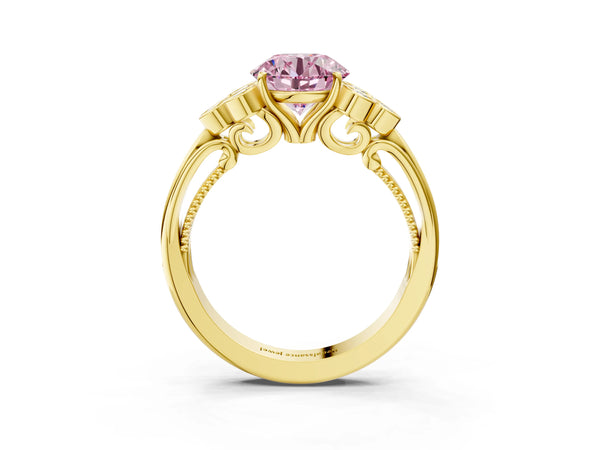 Yellow gold Fancy Pink Round  Cut Diamond Engagement Ring with Bezel Set Round Side Stones and Prong Setting