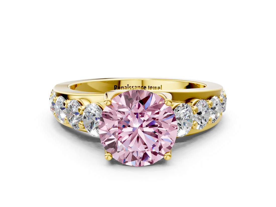 Yellow gold Fancy Pink Round  Cut Diamond Engagement Ring with Pavé Band and Four-Prong Setting_3