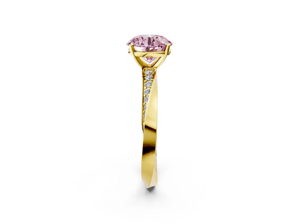 Yellow gold Fancy Pink Round Cut Diamond Engagement Ring with Side Stone Accents and Four-Prong Setting
