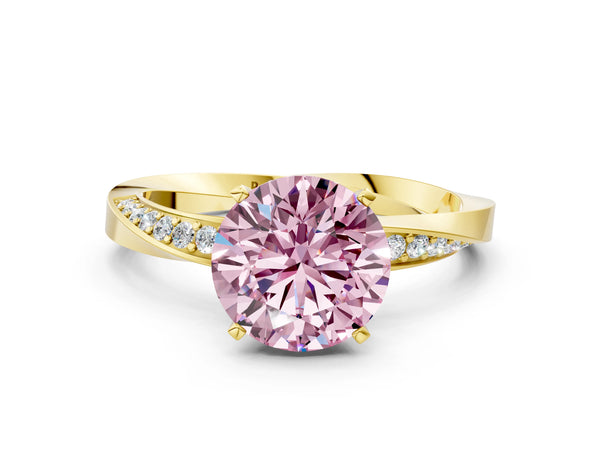 Yellow gold Fancy Pink Round Cut Diamond Engagement Ring with Side Stone Accents and Four-Prong Setting