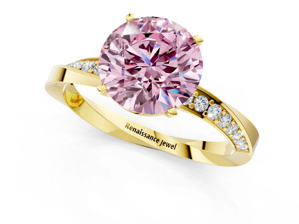 Yellow gold Fancy Pink Round Cut Diamond Engagement Ring with Side Stone Accents and Four-Prong Setting