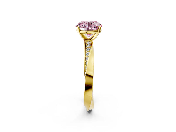 Yellow gold Fancy Pink Round Cut Diamond Engagement Ring with Side Stone Accents and Four-Prong Setting