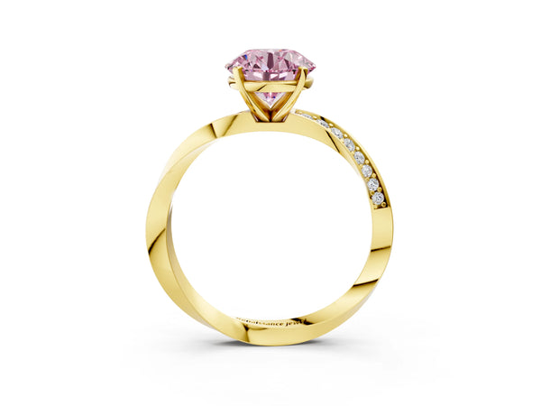 Yellow gold Fancy Pink Round Cut Diamond Engagement Ring with Side Stone Accents and Four-Prong Setting