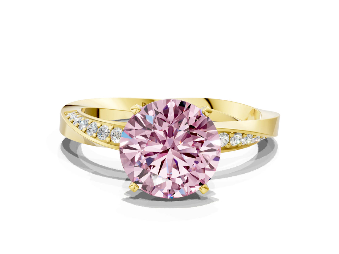 Yellow gold Fancy Pink Round Cut Diamond Engagement Ring with Side Stone Accents and Four-Prong Setting_60