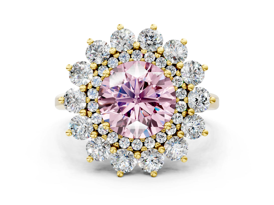 Yellow gold Fancy Pink Round Cut Diamond Floral Double Halo Engagement Ring with Prong Setting_24