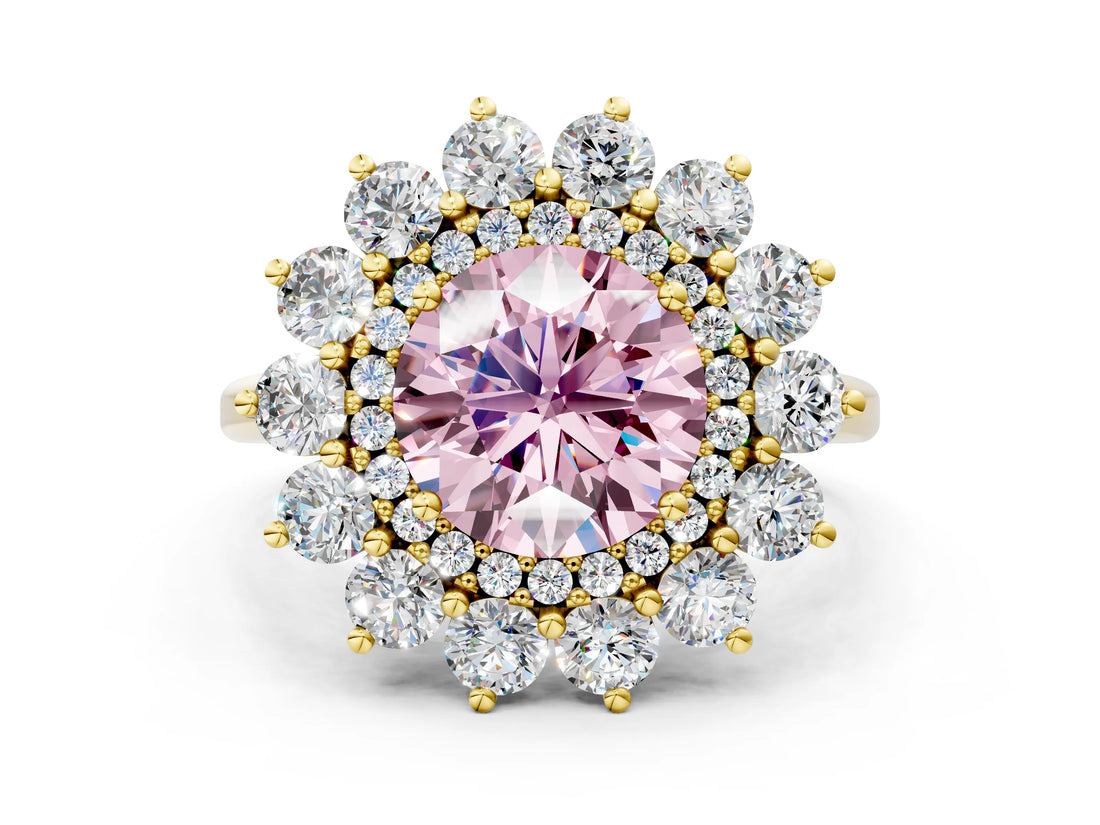 Yellow gold Fancy Pink Round Cut Diamond Floral Double Halo Engagement Ring with Prong Setting_60