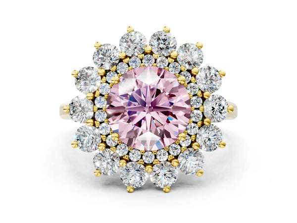 Yellow Gold Round Floral Double Halo Engagement Ring Setting for Fancy Pink Center