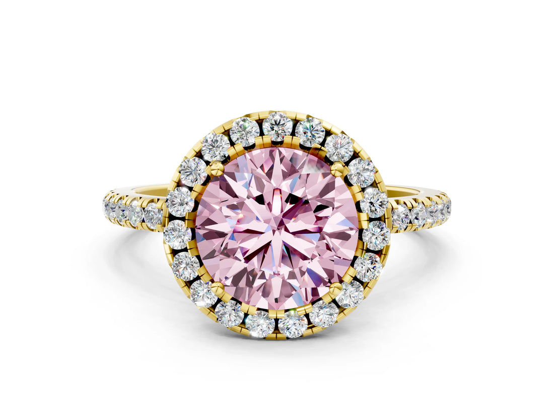 Yellow gold Fancy Pink Round  Cut Diamond Floral Halo Engagement Ring with Pavé Band and Prong Setting_17