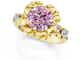 Yellow gold Fancy Pink Round  Cut Diamond Floral Halo Engagement Ring with Shared Prong Setting 1