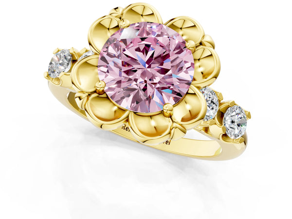 Yellow Gold Round Floral Engagement Ring Setting for Fancy Pink Center with Side Accents
