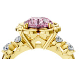 Yellow gold Fancy Pink Round  Cut Diamond Floral Halo Engagement Ring with Shared Prong Setting 4