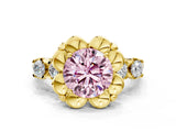 Yellow gold Fancy Pink Round  Cut Diamond Floral Halo Engagement Ring with Shared Prong Setting