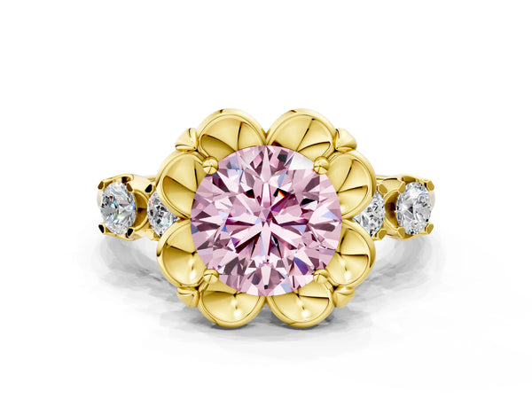 Yellow Gold Round Floral Engagement Ring Setting for Fancy Pink Center with Side Accents