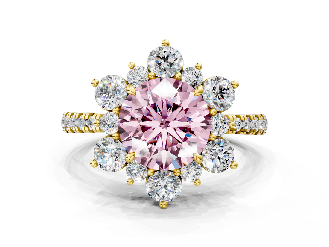Yellow gold Fancy Pink Round  Cut Diamond Floral Halo Pave Band with Prong Setting