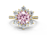 Yellow gold Fancy Pink Round  Cut Diamond Floral Halo Pave Band with Prong Setting