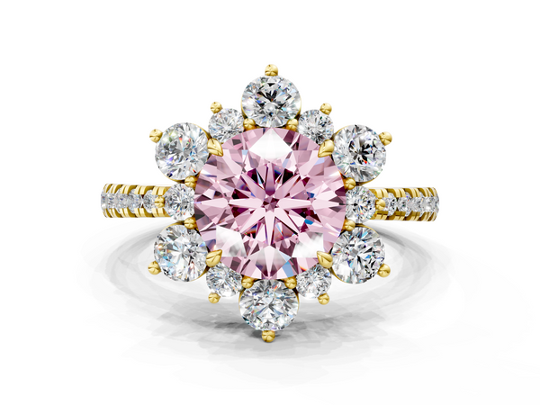 Yellow gold Fancy Pink Round  Cut Diamond Floral Halo Pave Band with Prong Setting