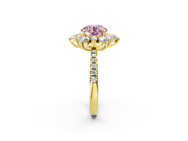 Yellow gold Fancy Pink Round  Cut Diamond Floral Halo Pave Band with Prong Setting