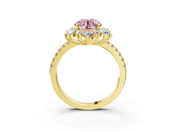 Yellow gold Fancy Pink Round  Cut Diamond Floral Halo Pave Band with Prong Setting