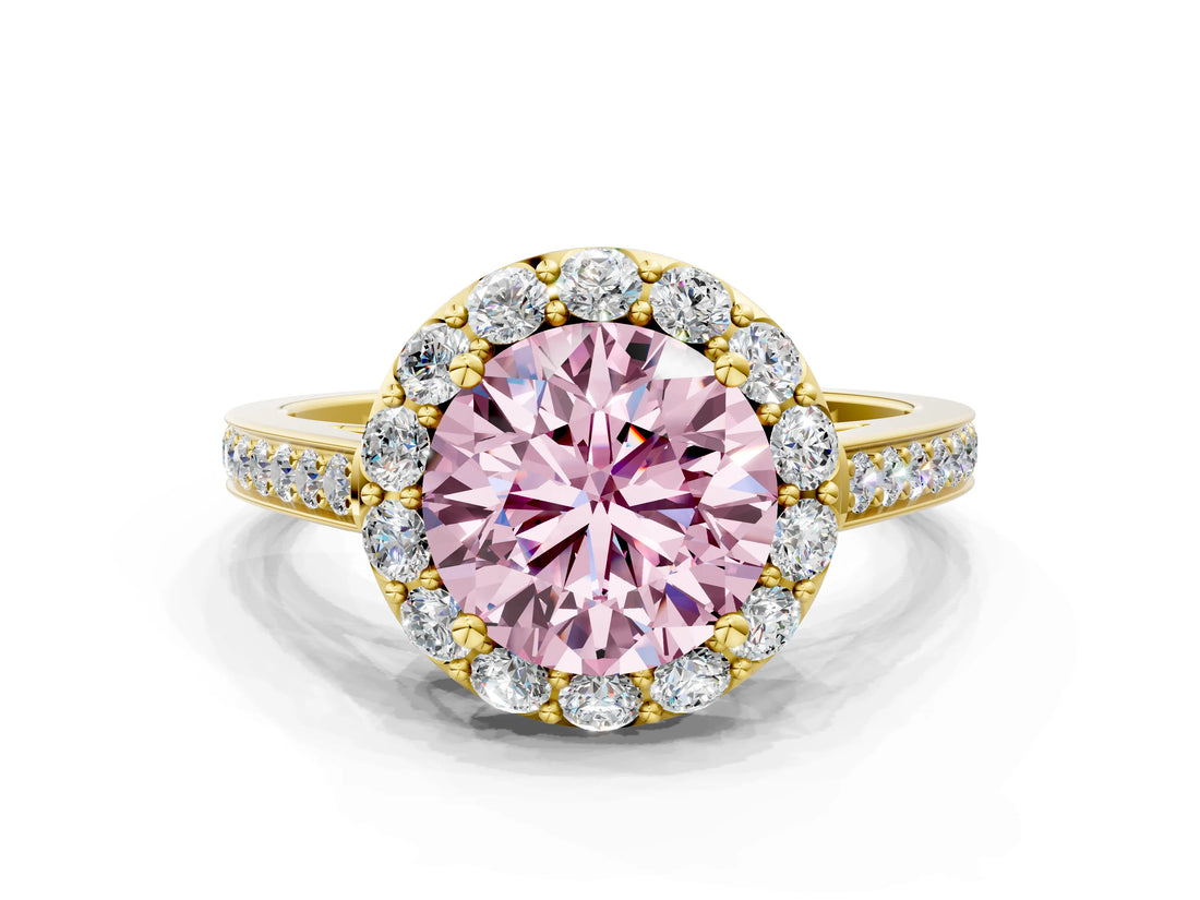 Yellow gold Fancy Pink Round Cut Diamond Floral Halo Ring with Pavé Band and Prong Setting_3