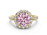 Yellow gold Fancy Pink Round Cut Diamond Floral Halo Ring with Pavé Band and Prong Setting_3