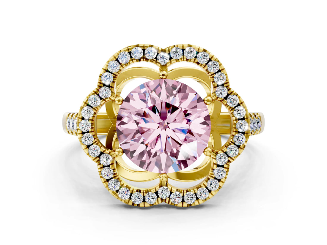Yellow gold Fancy Pink Round Cut Diamond Floral Halo Split Shank Prong Setting Ring