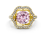 Yellow gold Fancy Pink Round Cut Diamond Floral Halo Split Shank Prong Setting Ring