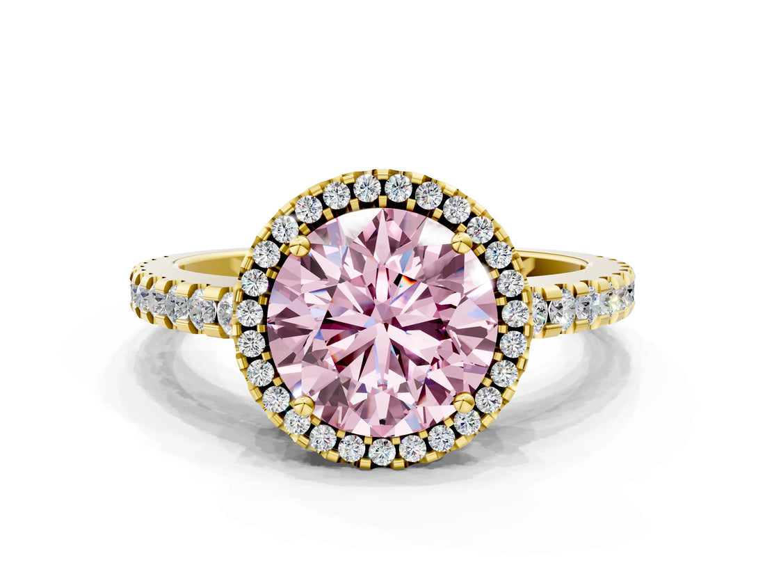 Yellow gold Fancy Pink Round Cut Diamond Halo Engagement Ring with Pavé Band and Prong Setting_39